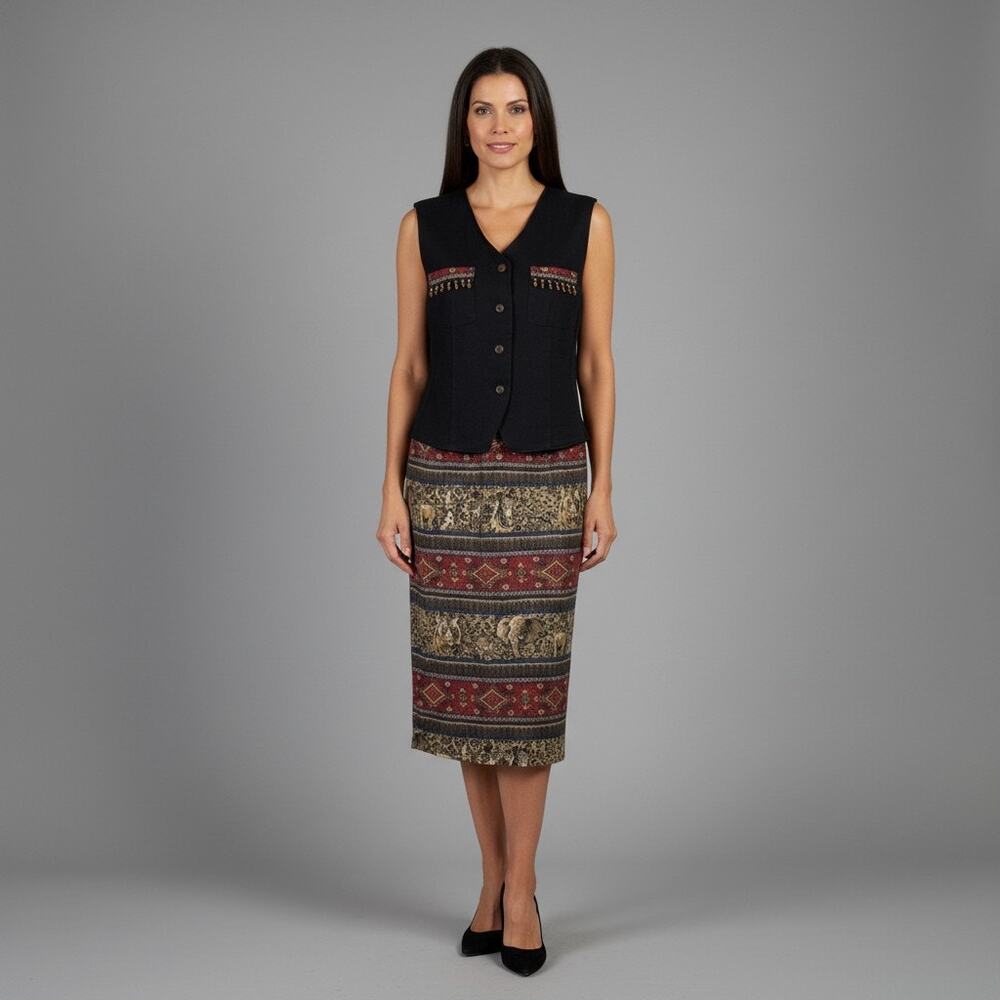 Vintage Sharon Young Vest & Skirt Ethnic Animal Print Womens Large Made in USA